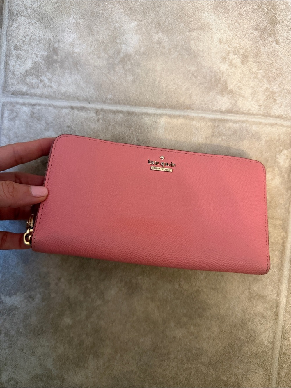kate spade coral pink zip-around leather wallet with gold logo